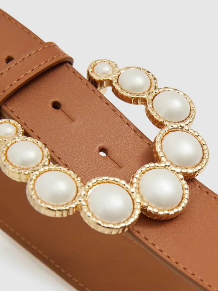 REISS Belts Women Camilla Elphick Leather Pearl Buckle Belt Tan