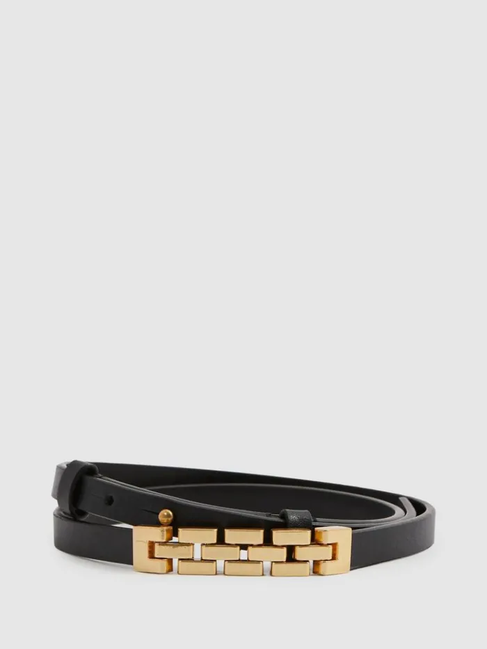 REISS Belts Women Thin Leather Chain Detail Belt Black