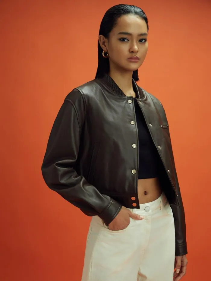 REISS Blazers and Jackets Women McLaren F1 Cropped Leather Bomber Jacket Chocolate