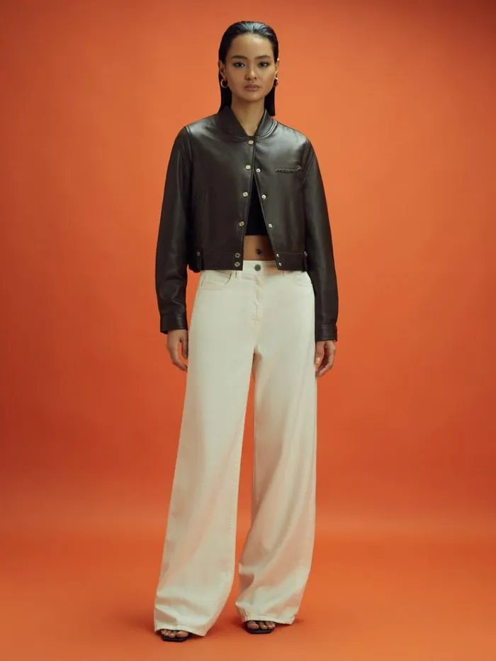 REISS Blazers and Jackets Women McLaren F1 Cropped Leather Bomber Jacket Chocolate