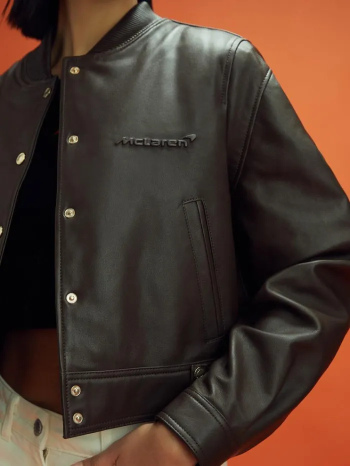 REISS Blazers and Jackets Women McLaren F1 Cropped Leather Bomber Jacket Chocolate