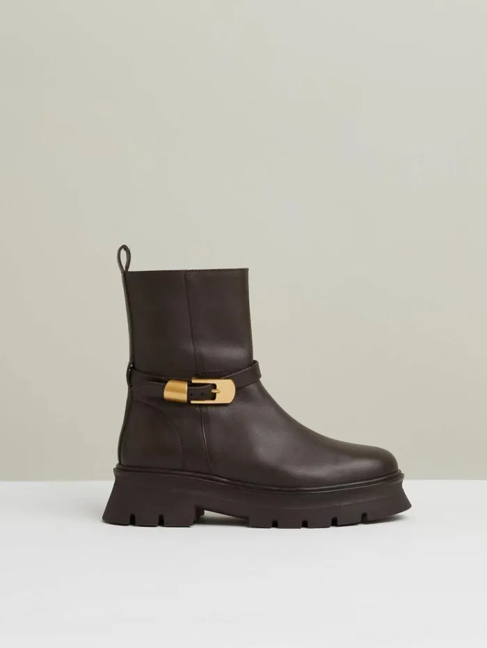 REISS Boots Women Leather Cleated Ankle Boots Chocolate