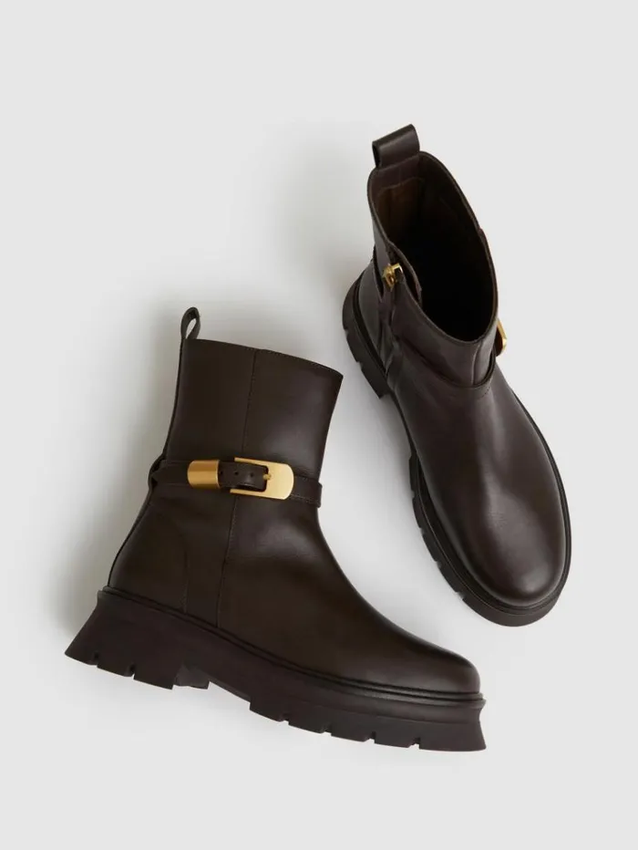 REISS Boots Women Leather Cleated Ankle Boots Chocolate