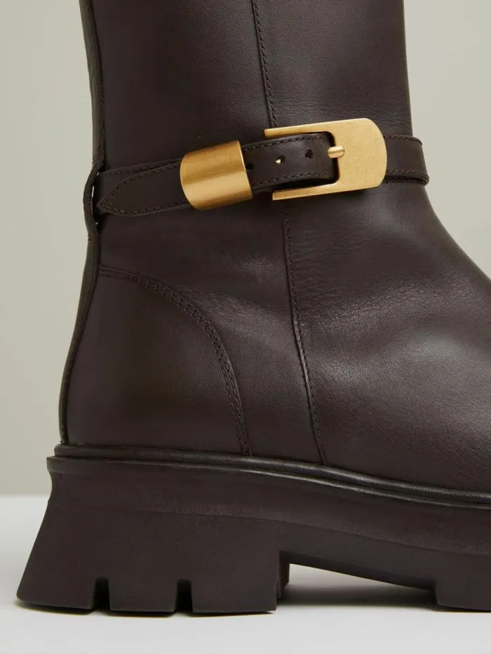 REISS Boots Women Leather Cleated Ankle Boots Chocolate