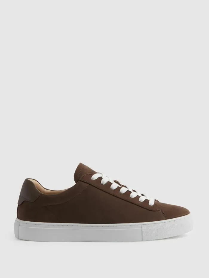 REISS Casual Shoes Men Nubuck Leather Low Top Trainers Mid Brown