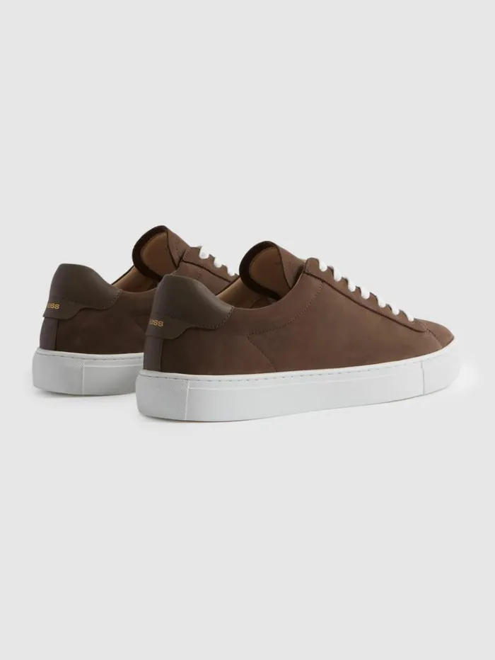 REISS Casual Shoes Men Nubuck Leather Low Top Trainers Mid Brown