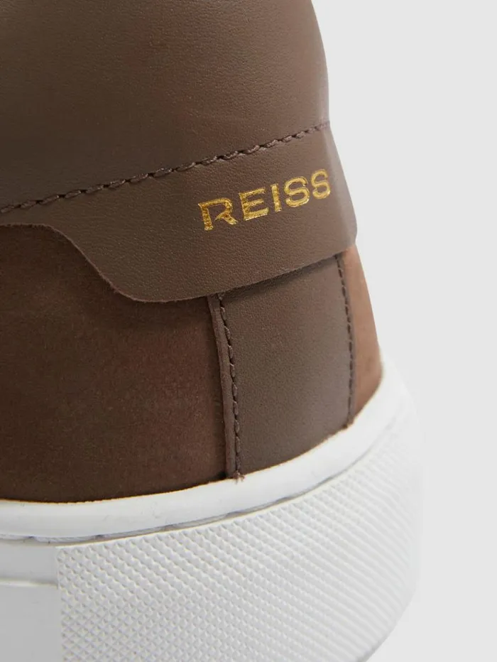 REISS Casual Shoes Men Nubuck Leather Low Top Trainers Mid Brown