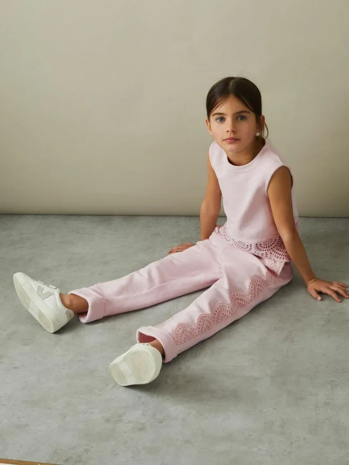REISS CoOrds Children Sophie Teen Cotton Broderie Drawstring Trousers Pink
