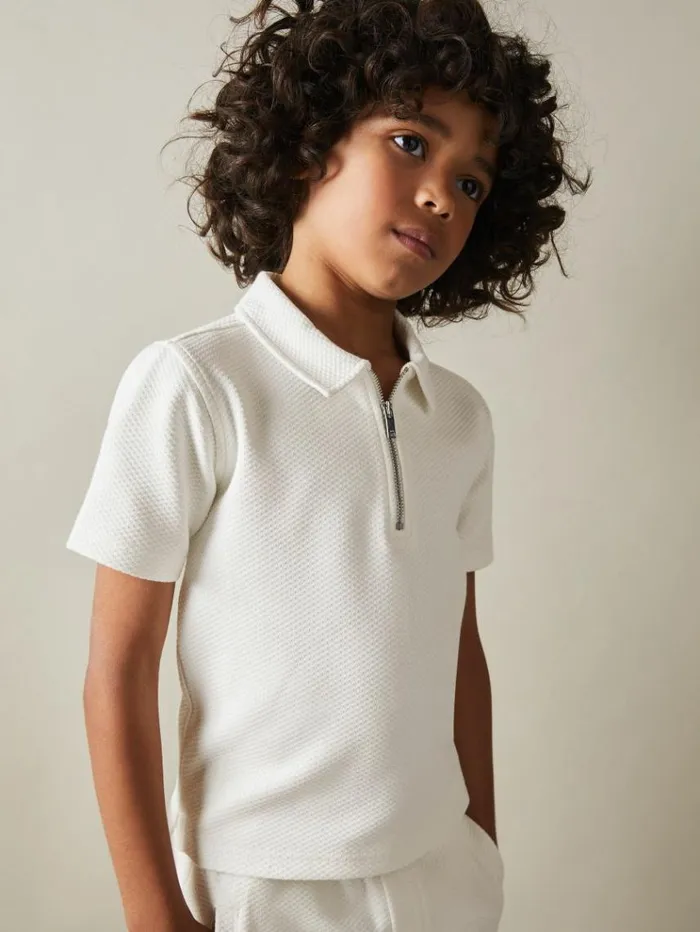 REISS CoOrds Children Textured Half Zip Polo Shirt Off White