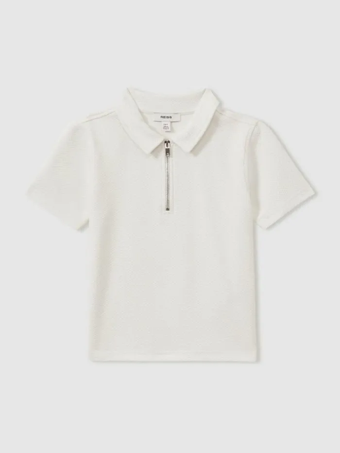 REISS CoOrds Children Textured Half Zip Polo Shirt Off White