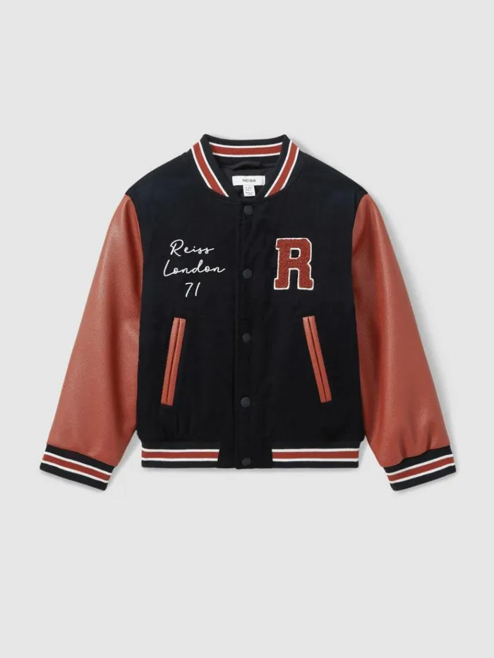 REISS Coats and Jackets Children Hybrid CordFaux Leather Varsity Bomber Jacket Navy