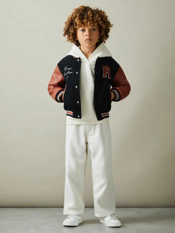 REISS Coats and Jackets Children Hybrid CordFaux Leather Varsity Bomber Jacket Navy