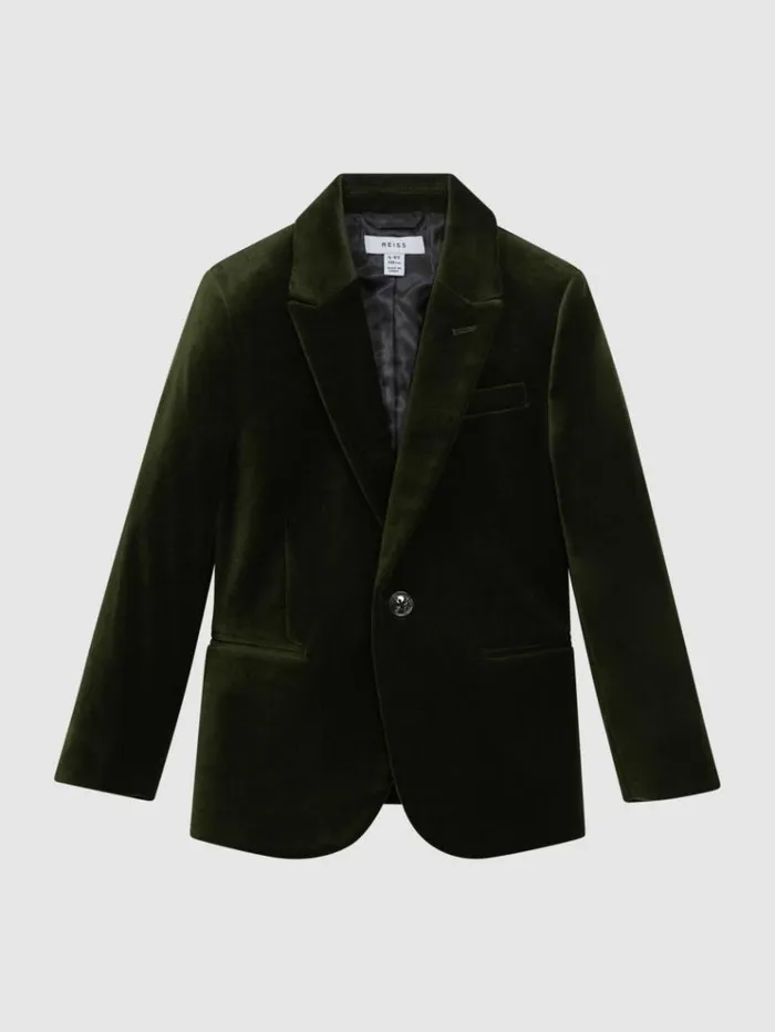 REISS Coats and Jackets Children Slim Fit Velvet Single Breasted Blazer Emerald
