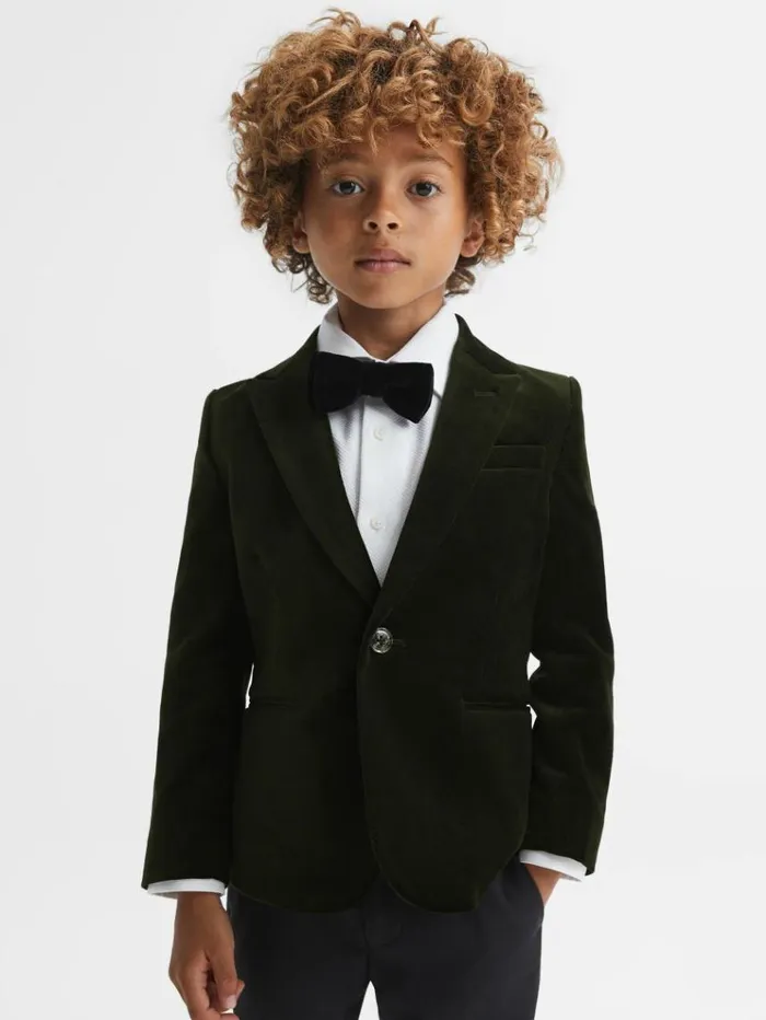 REISS Coats and Jackets Children Slim Fit Velvet Single Breasted Blazer Emerald