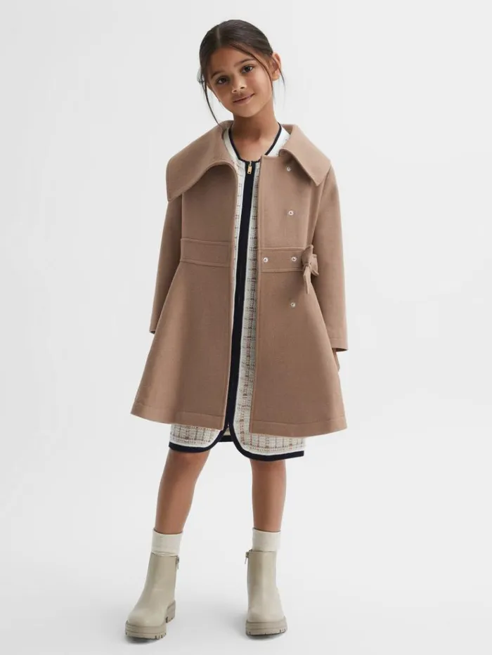 REISS Coats and Jackets Children Wool Pleated Bow Coat Camel
