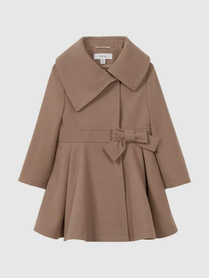 REISS Coats and Jackets Children Wool Pleated Bow Coat Camel