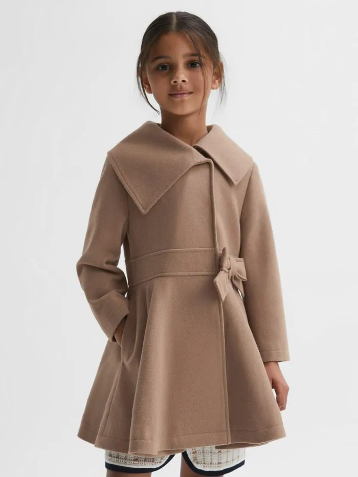 REISS Coats and Jackets Children Wool Pleated Bow Coat Camel