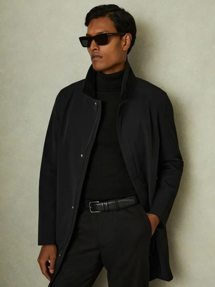 REISS Coats and Jackets Men Hybrid Removable Funnel Neck Overcoat Black