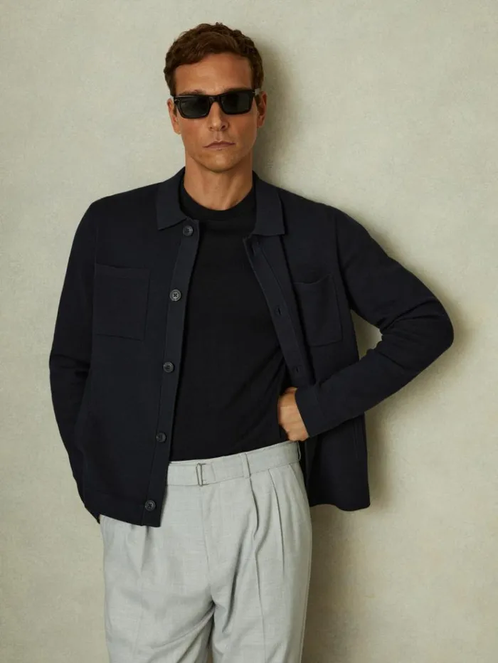 REISS Coats and Jackets Men Knitted ButtonThrough Jacket Navy