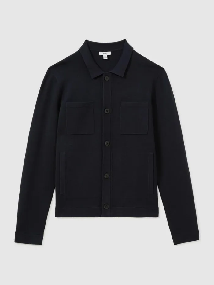 REISS Coats and Jackets Men Knitted ButtonThrough Jacket Navy