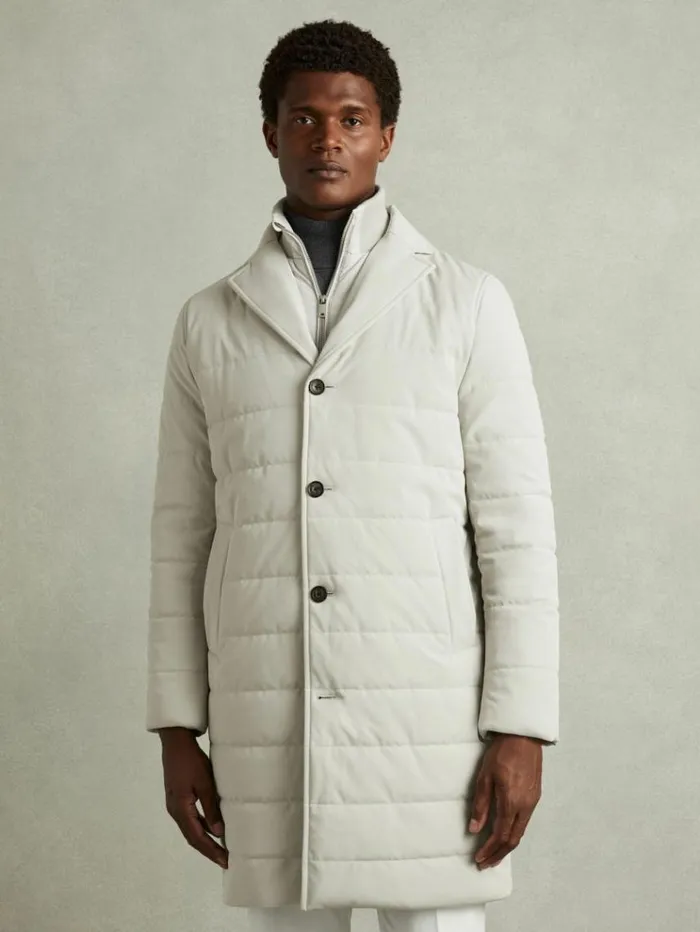 REISS Coats and Jackets Men Longline QuiltedShell Coat With Inner Gilet Stone