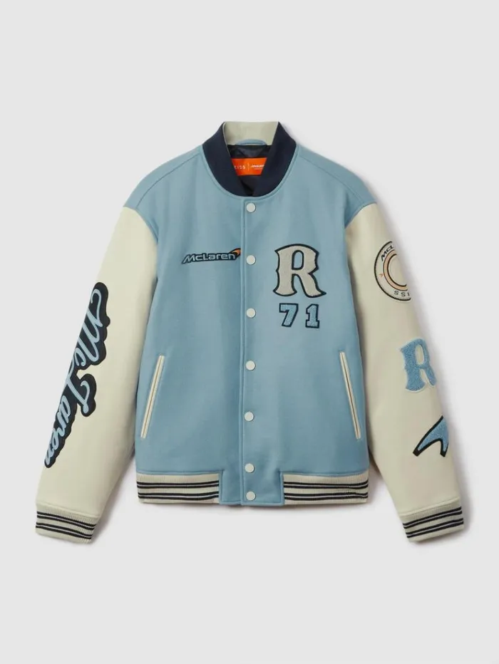 REISS Coats and Jackets Men McLaren F1 Leather Varsity Jacket Soft Blueecru