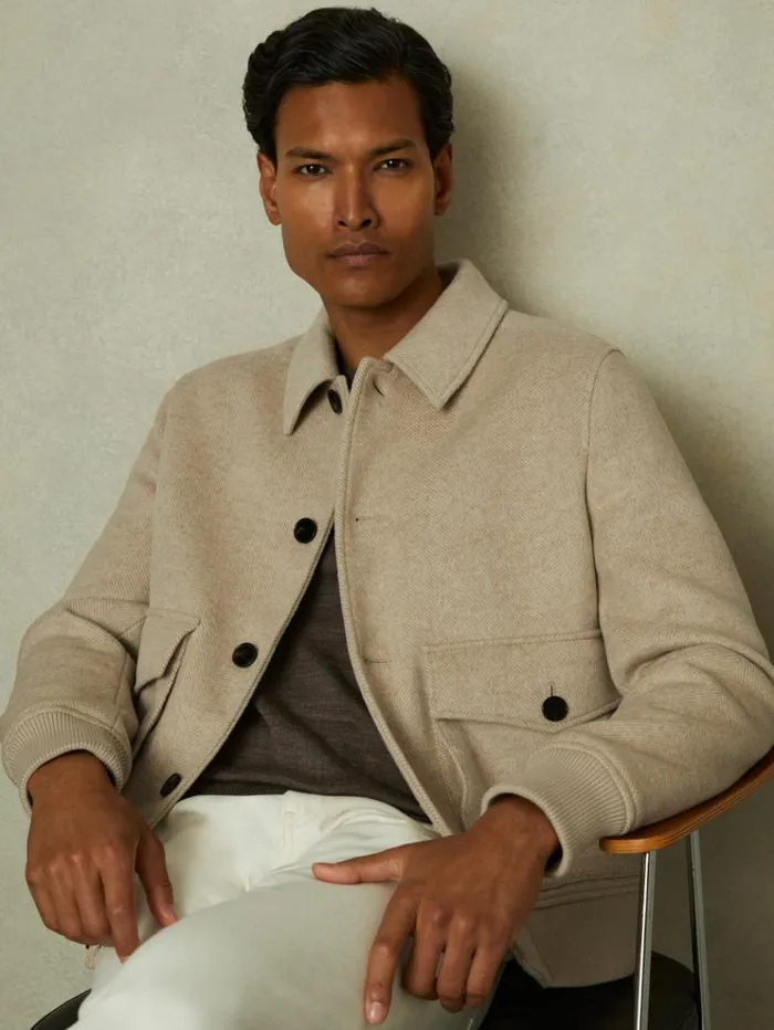 REISS Coats and Jackets Men Wool Blend Herringbone Jacket Oatmeal Herringbone
