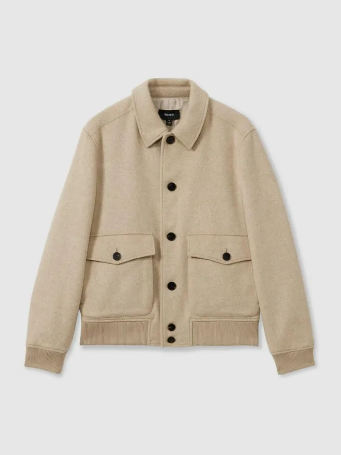 REISS Coats and Jackets Men Wool Blend Herringbone Jacket Oatmeal Herringbone