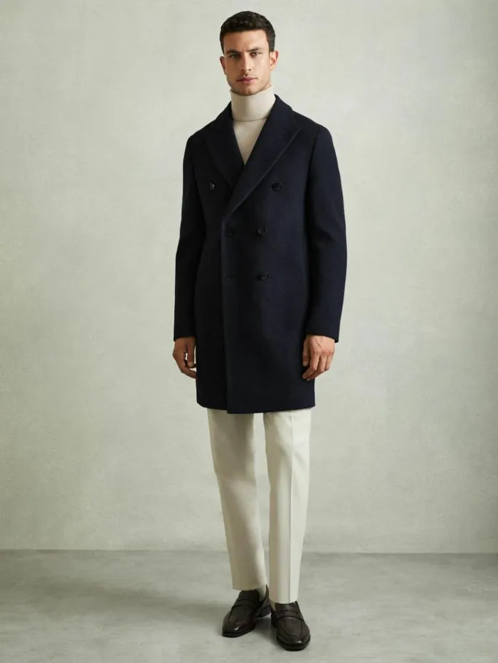 REISS Coats and Jackets Men Wool Blend Herringbone Twill Overcoat Navy Herringbone REISS Coats and Jackets Men Wool Blend Herringbone Twill Overcoat Navy Herringbone