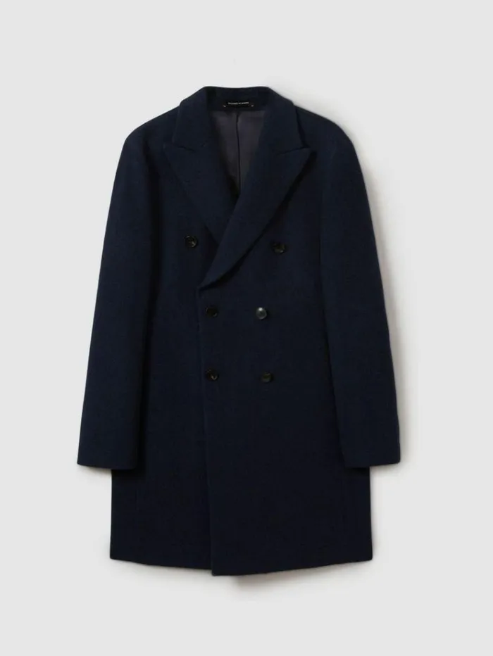 REISS Coats and Jackets Men Wool Blend Herringbone Twill Overcoat Navy Herringbone