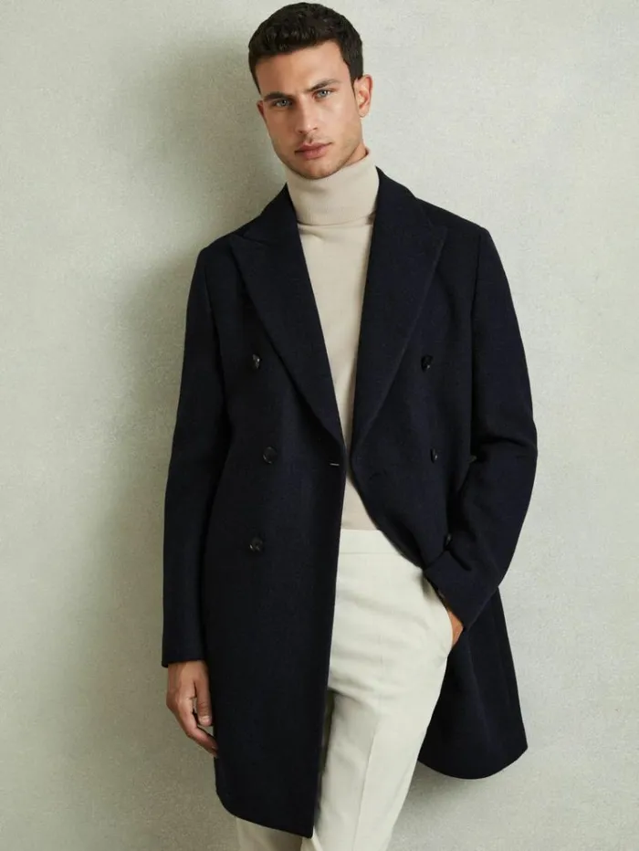 REISS Coats and Jackets Men Wool Blend Herringbone Twill Overcoat Navy Herringbone