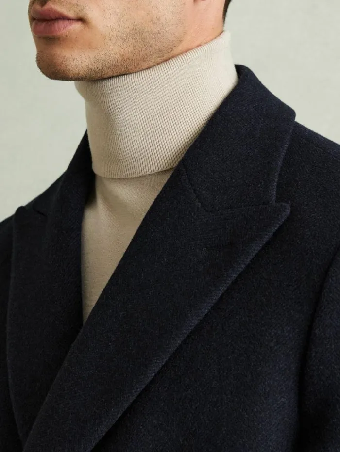 REISS Coats and Jackets Men Wool Blend Herringbone Twill Overcoat Navy Herringbone