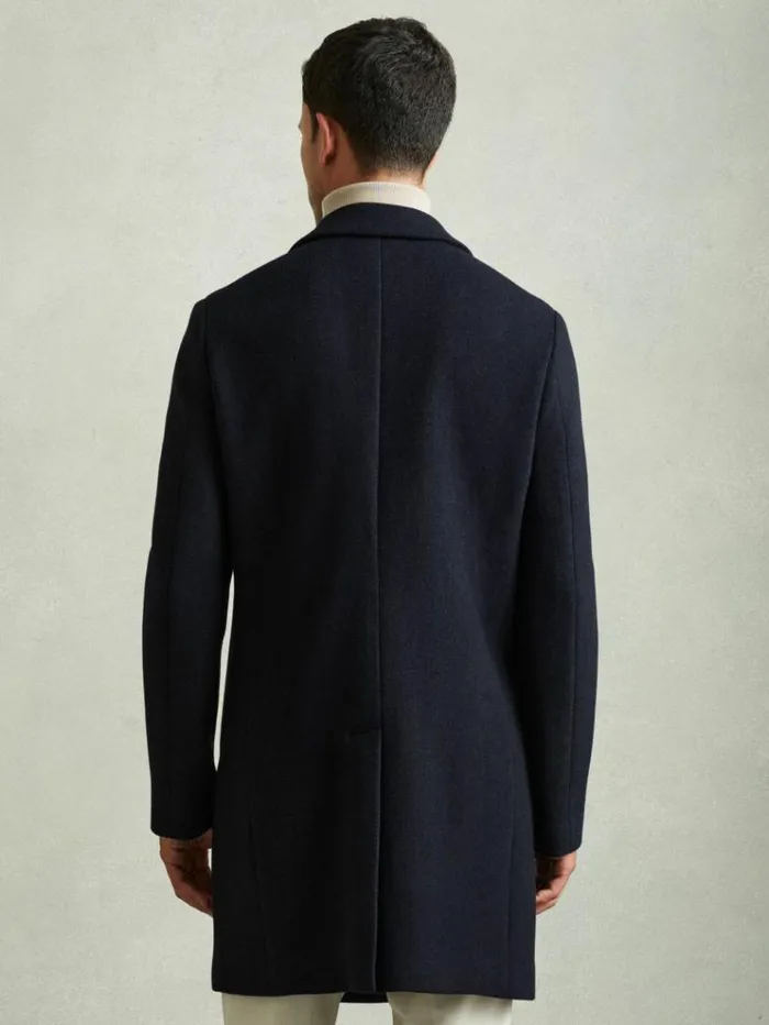 REISS Coats and Jackets Men Wool Blend Herringbone Twill Overcoat Navy Herringbone