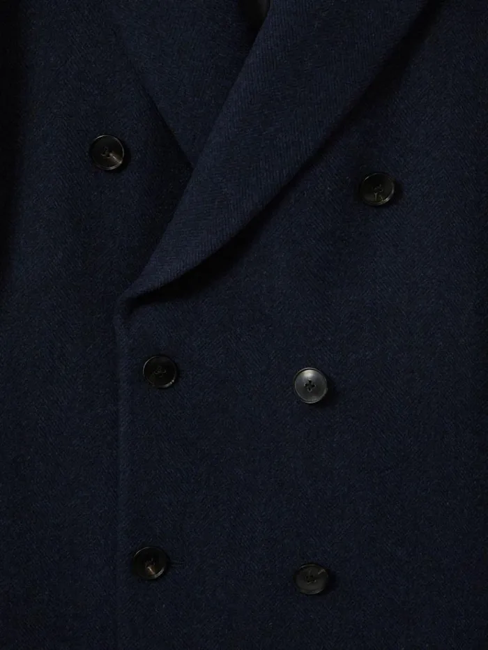 REISS Coats and Jackets Men Wool Blend Herringbone Twill Overcoat Navy Herringbone
