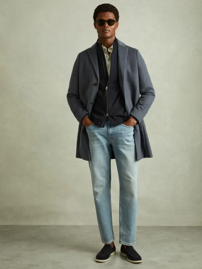 REISS Coats and Jackets Men Wool Blend Single Breasted Epsom Overcoat Airforce Blue REISS Coats and Jackets Men Wool Blend Single Breasted Epsom Overcoat Airforce Blue