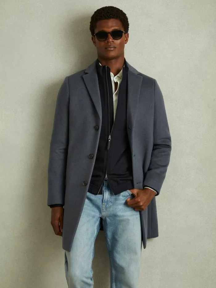 REISS Coats and Jackets Men Wool Blend Single Breasted Epsom Overcoat Airforce Blue