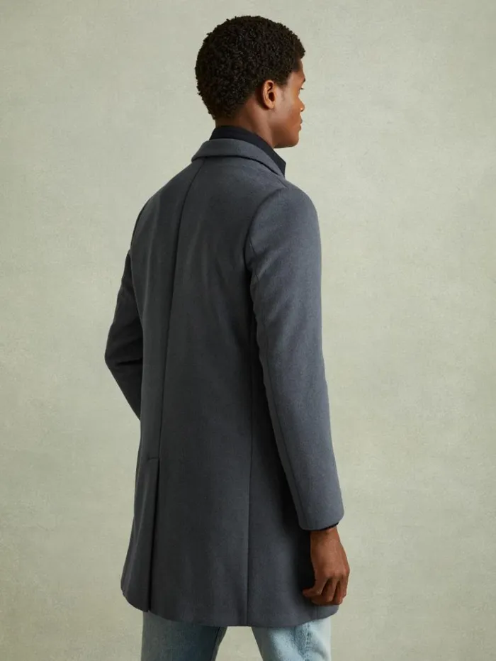REISS Coats and Jackets Men Wool Blend Single Breasted Epsom Overcoat Airforce Blue