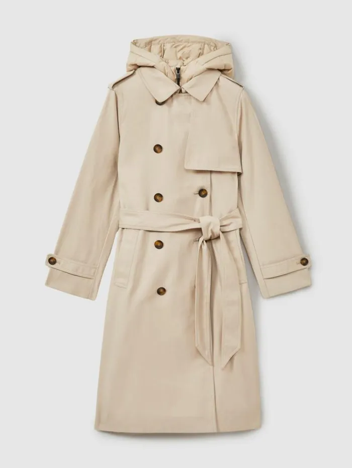 REISS Coats and Jackets Women Double Breasted Hooded Insert Trench Coat Stone
