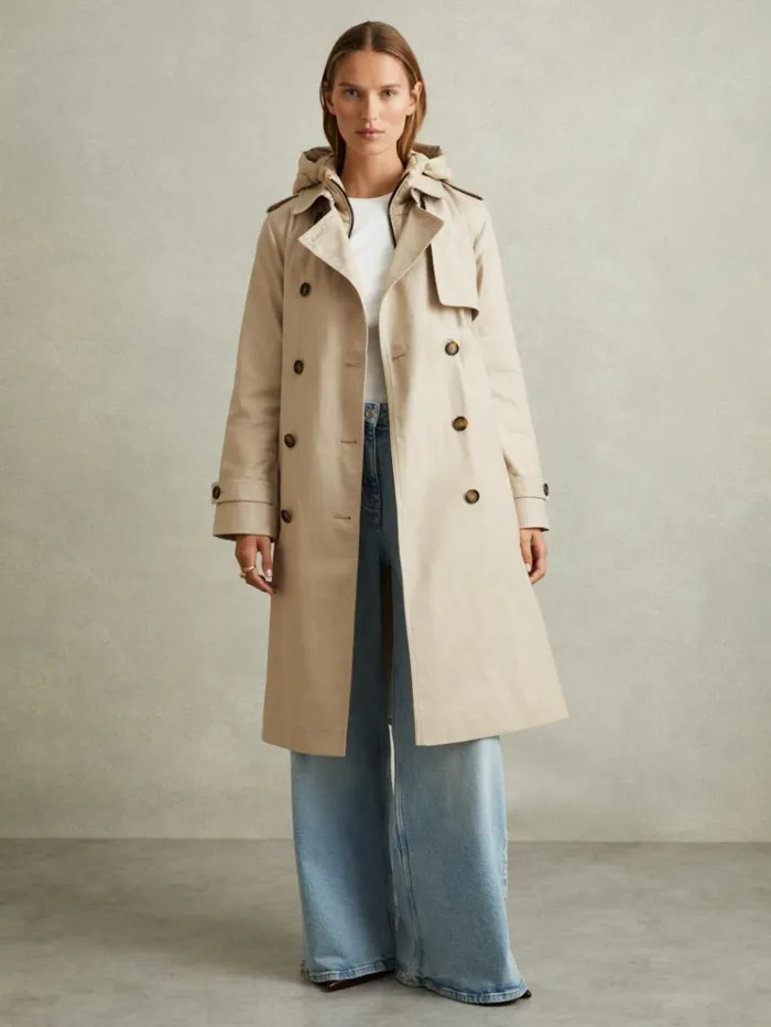 REISS Coats and Jackets Women Double Breasted Hooded Insert Trench Coat Stone
