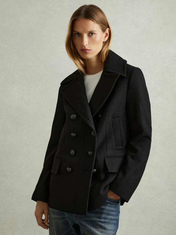 REISS Coats and Jackets Women Wool Blend Double Breasted Pea Coat Black