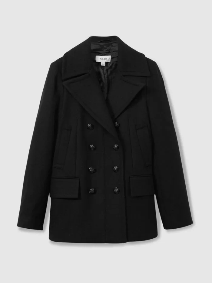 REISS Coats and Jackets Women Wool Blend Double Breasted Pea Coat Black