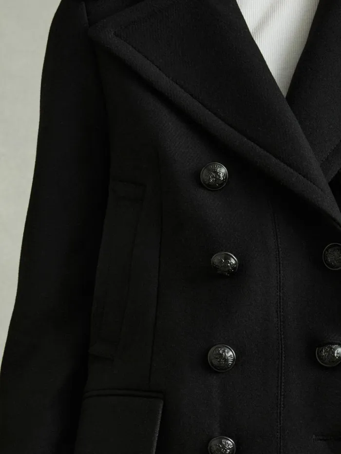 REISS Coats and Jackets Women Wool Blend Double Breasted Pea Coat Black