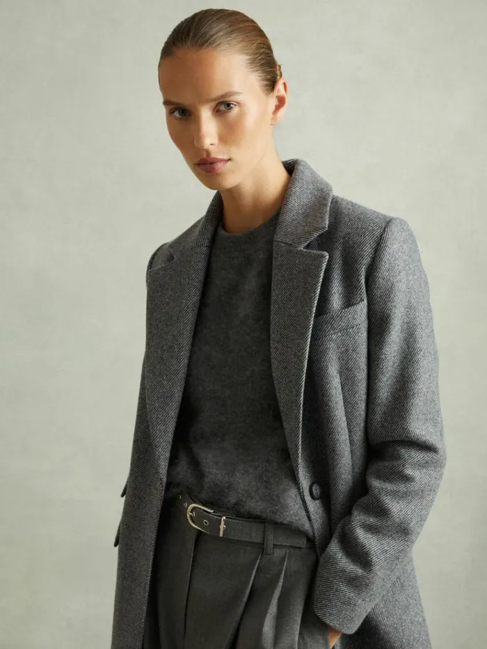 REISS Coats and Jackets Women Woolblend Serge Longline Coat Grey