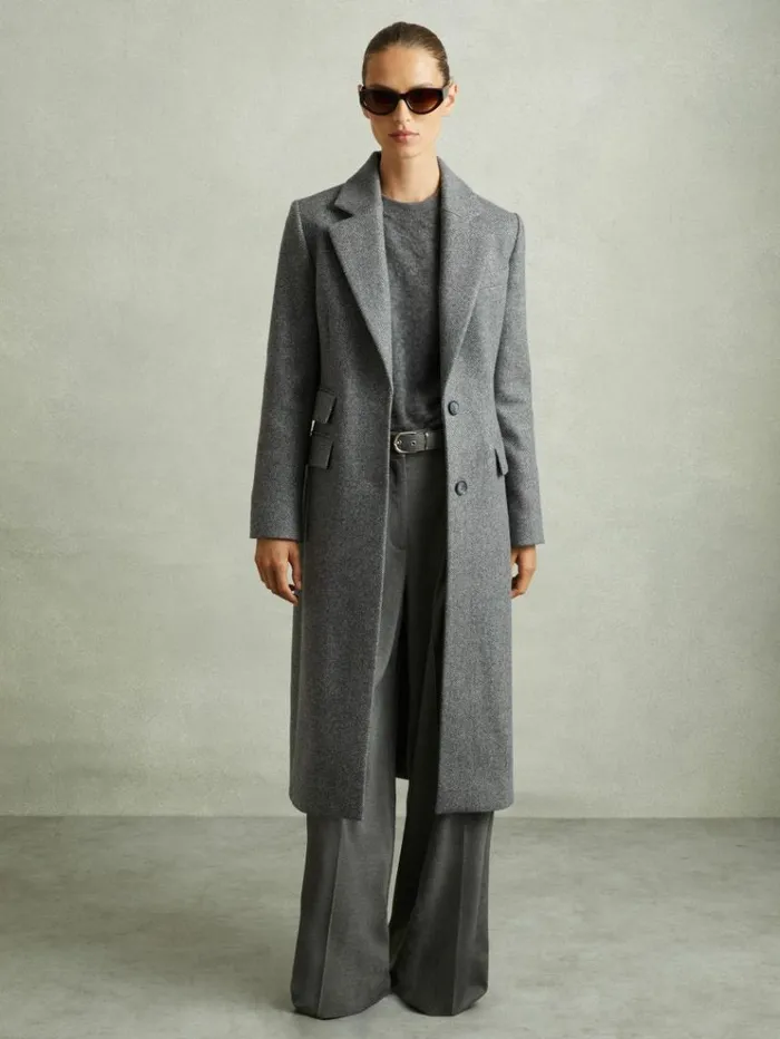REISS Coats and Jackets Women Woolblend Serge Longline Coat Grey