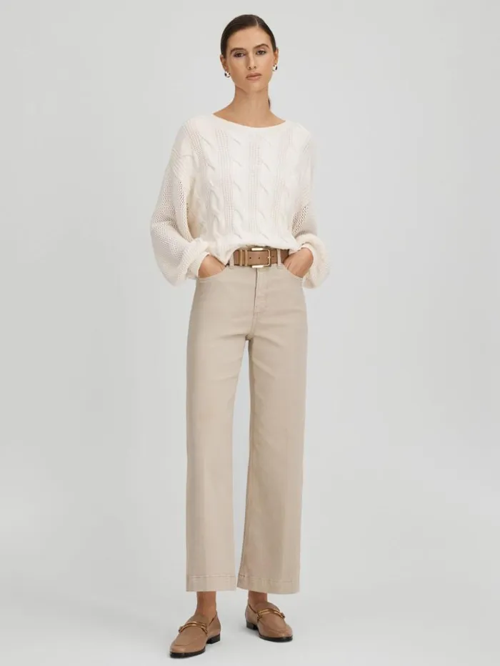 REISS Denim Women Paige Flared Cropped Jeans Soft Sand