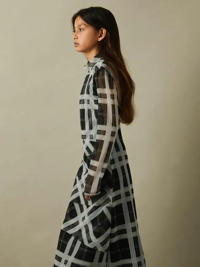 REISS Dresses Children Checked Tiered Midi Dress Blackecru