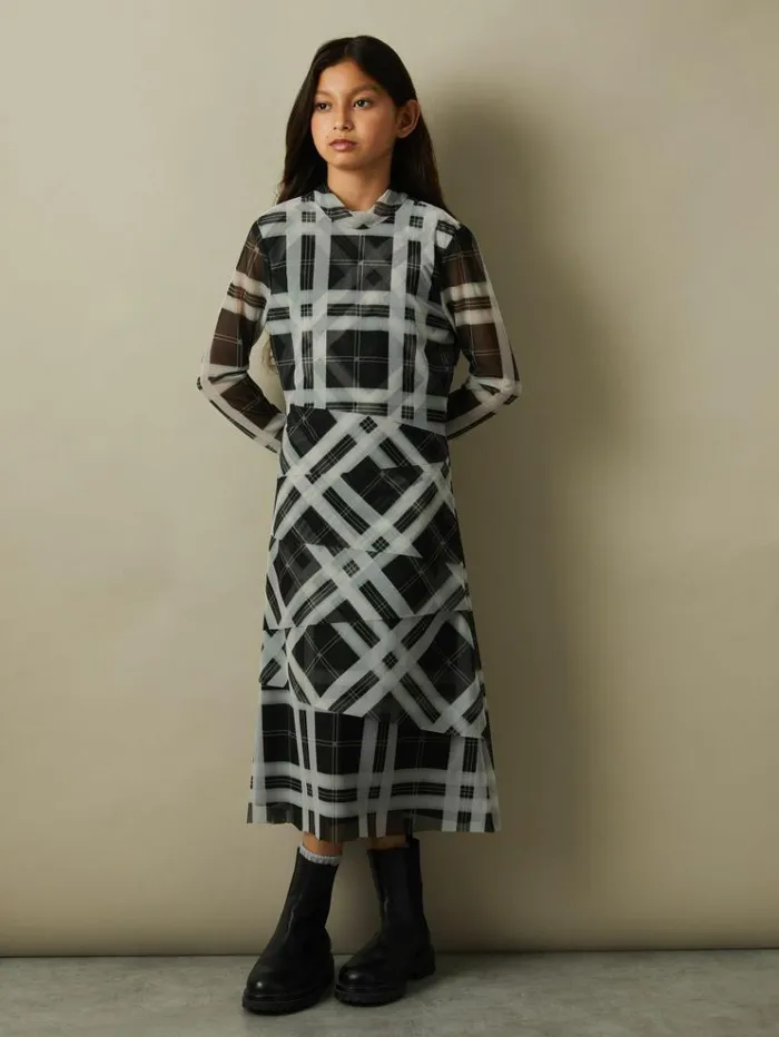 REISS Dresses Children Checked Tiered Midi Dress Blackecru