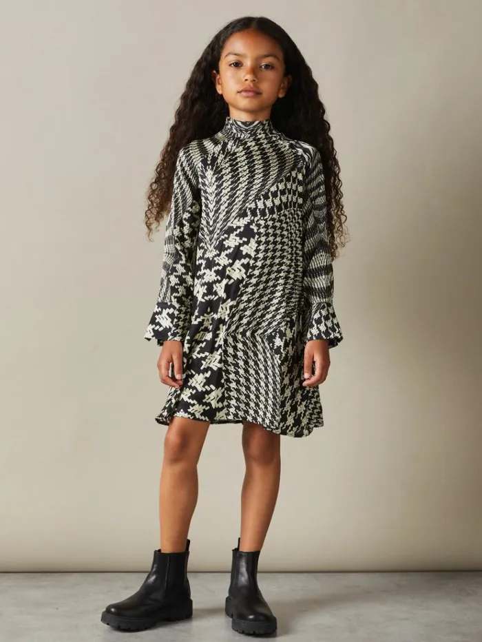 REISS Dresses Children Dogtooth Flared Hem Dress Blackcream