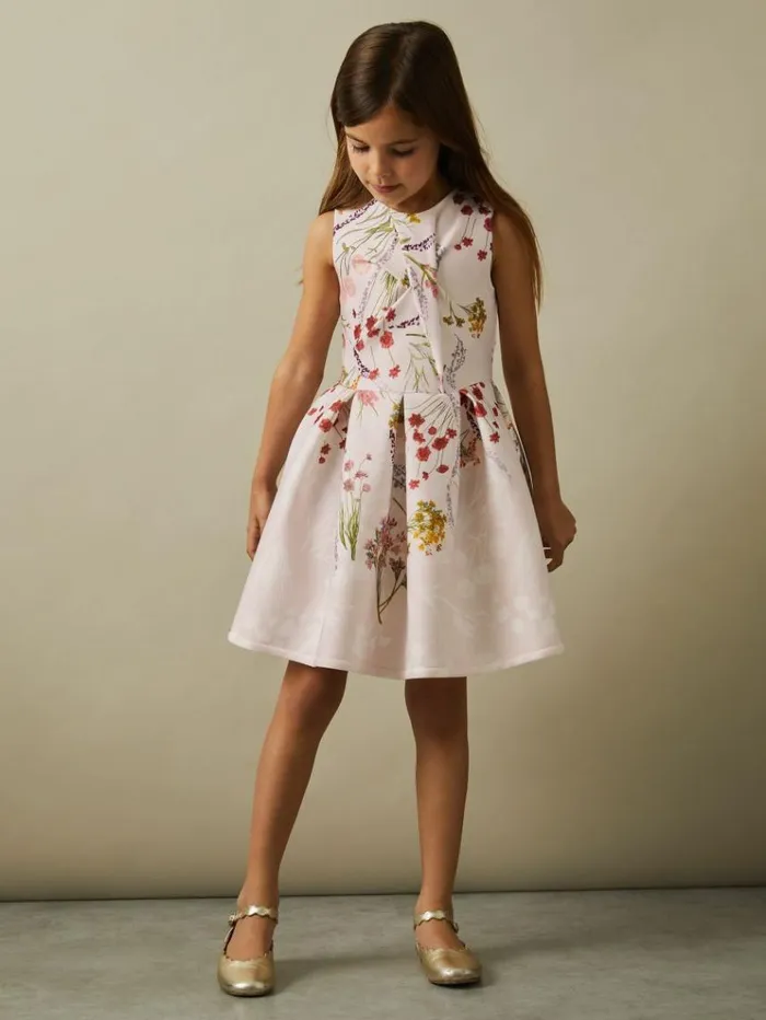 REISS Dresses Children Floral Print Scuba Pleated Dress Pink Print