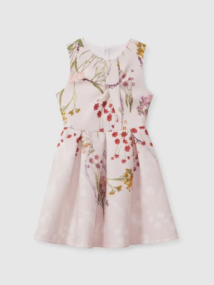 REISS Dresses Children Floral Print Scuba Pleated Dress Pink Print